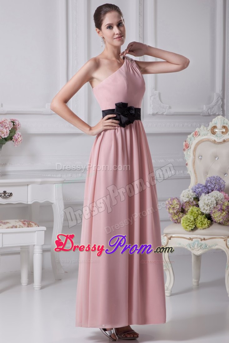 Beaded One Shoulder Ankle Length Black Sash Prom Cocktail Dress