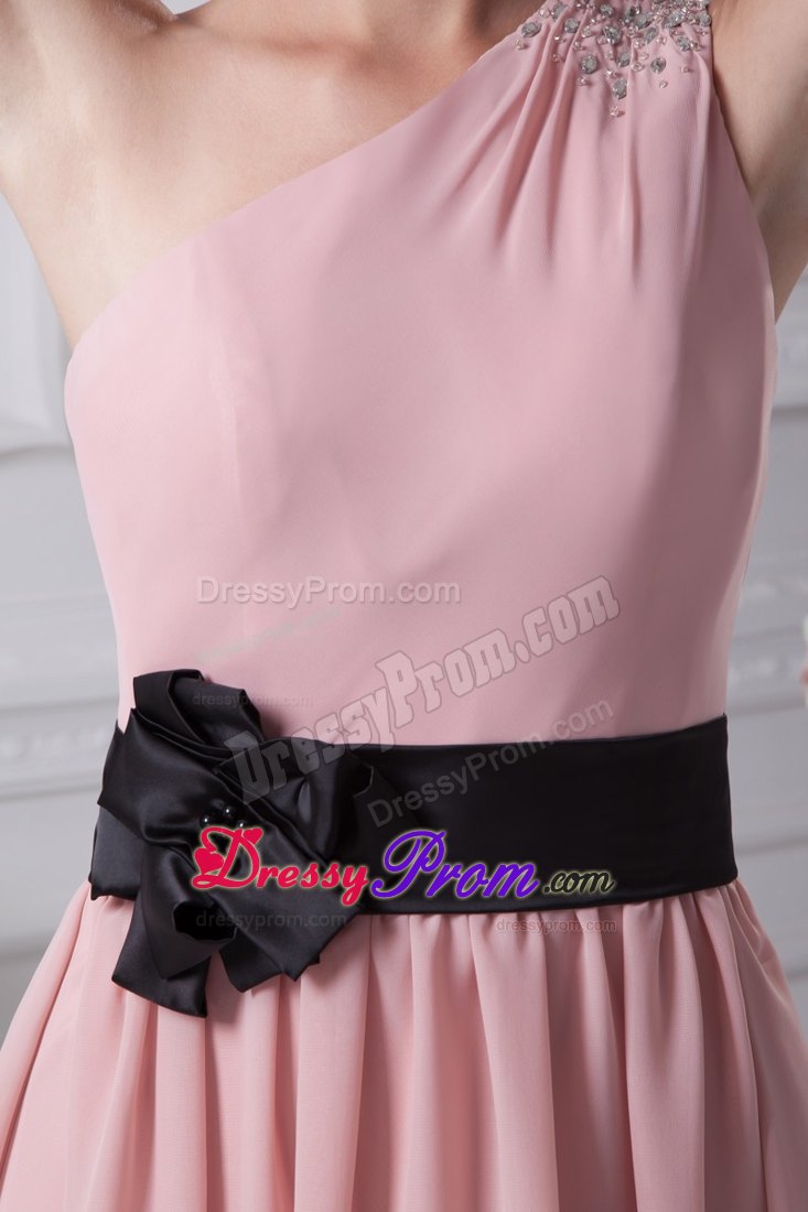 Beaded One Shoulder Ankle Length Black Sash Prom Cocktail Dress