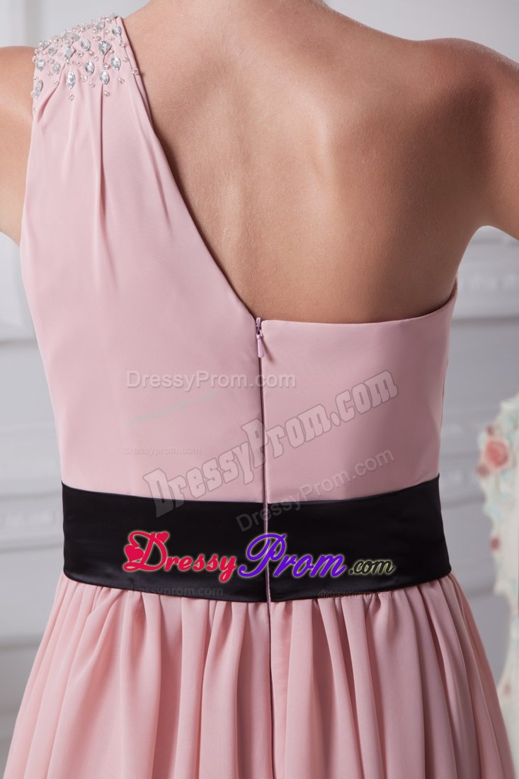 Beaded One Shoulder Ankle Length Black Sash Prom Cocktail Dress