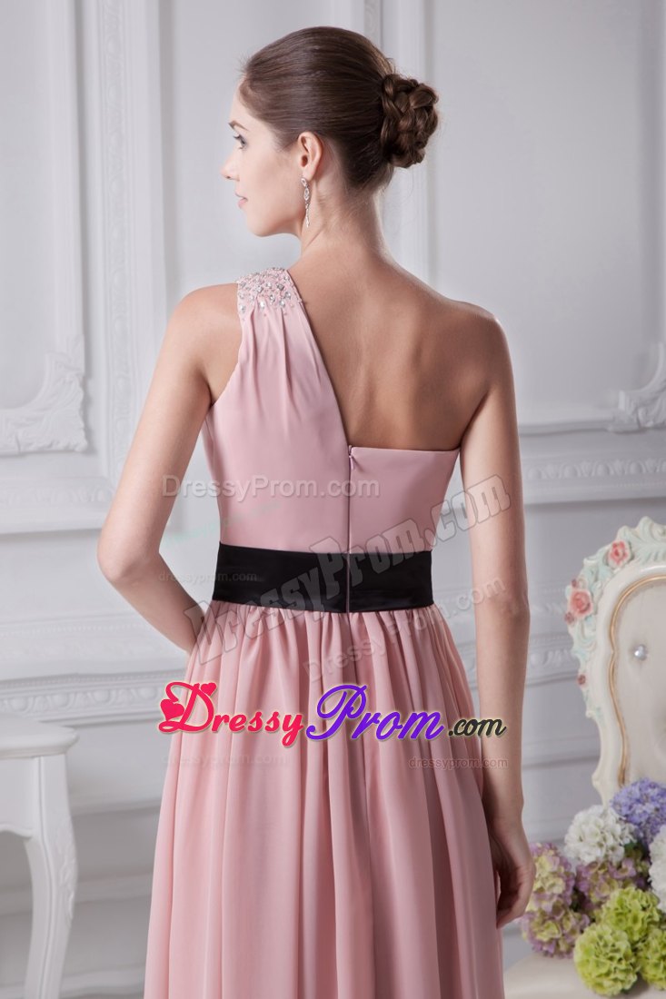 Beaded One Shoulder Ankle Length Black Sash Prom Cocktail Dress