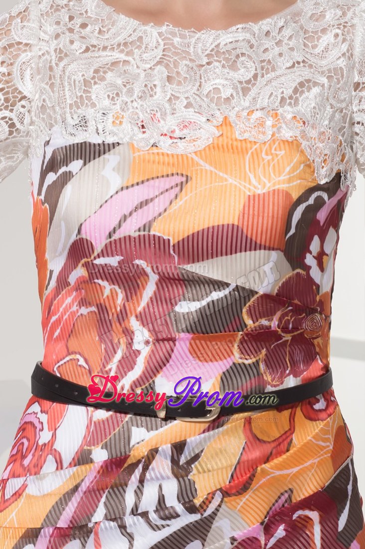 Colorful Printing Belt Short Sleeves Scoop Prom Cocktail Dress