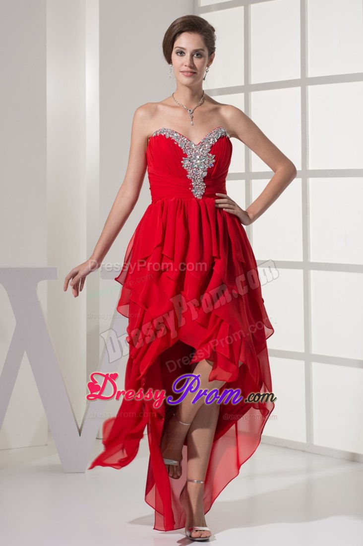 Red Chiffon High-low Prom Cocktail Dress with Beading and Ruches