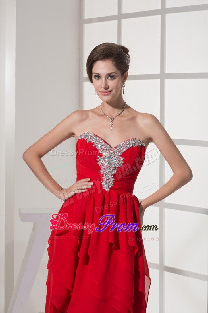 Red Chiffon High-low Prom Cocktail Dress with Beading and Ruches