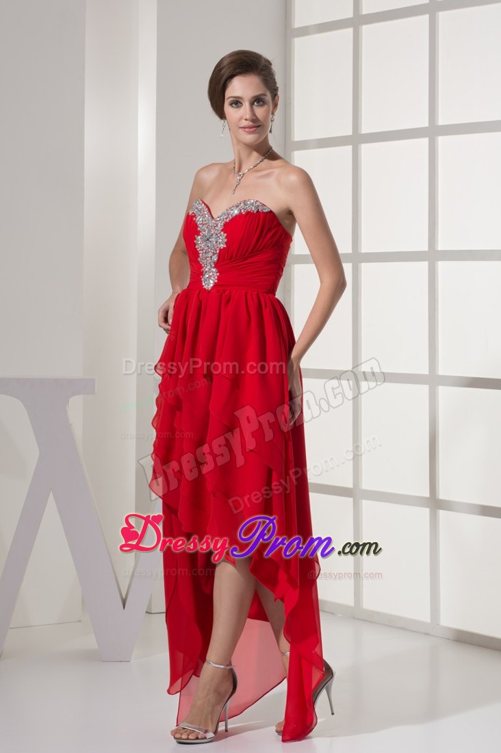 Red Chiffon High-low Prom Cocktail Dress with Beading and Ruches