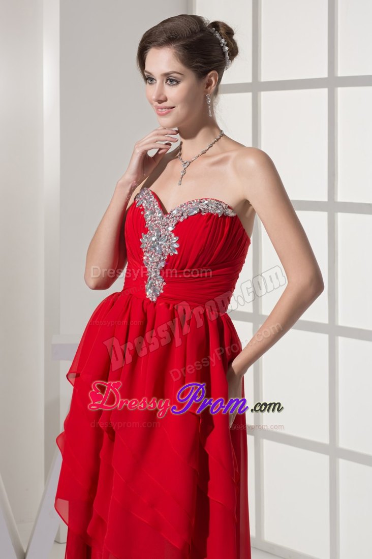 Red Chiffon High-low Prom Cocktail Dress with Beading and Ruches