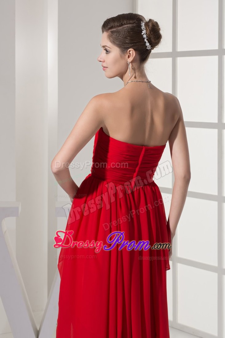 Red Chiffon High-low Prom Cocktail Dress with Beading and Ruches