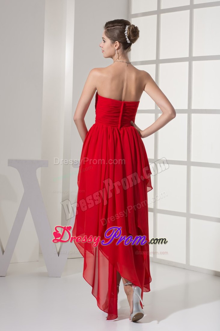 Red Chiffon High-low Prom Cocktail Dress with Beading and Ruches
