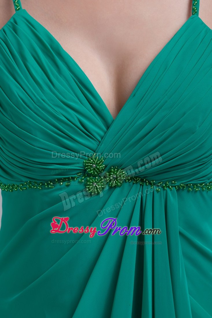 Beaded and Ruched Turquoise Prom Cocktail Dress with Spaghetti Straps
