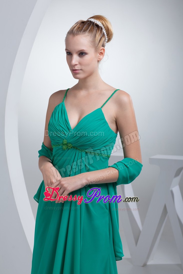 Beaded and Ruched Turquoise Prom Cocktail Dress with Spaghetti Straps