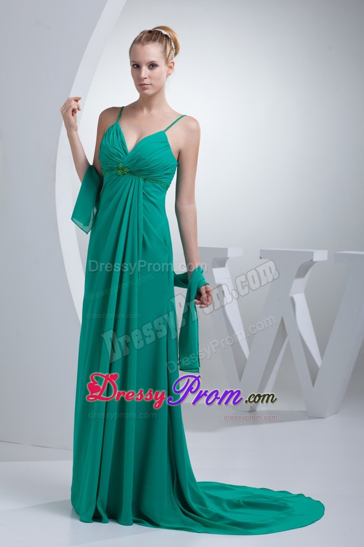 Beaded and Ruched Turquoise Prom Cocktail Dress with Spaghetti Straps