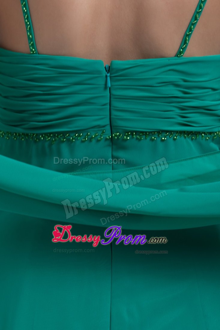 Beaded and Ruched Turquoise Prom Cocktail Dress with Spaghetti Straps