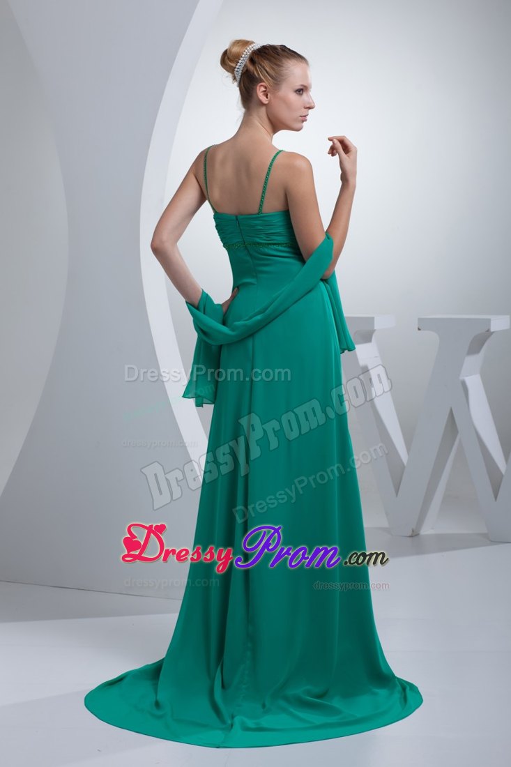 Beaded and Ruched Turquoise Prom Cocktail Dress with Spaghetti Straps