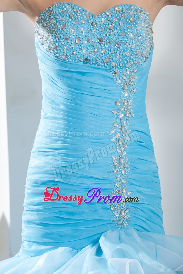 Aqua Blue Mermaid Prom Dress for 2013 with Beading and Ruffles