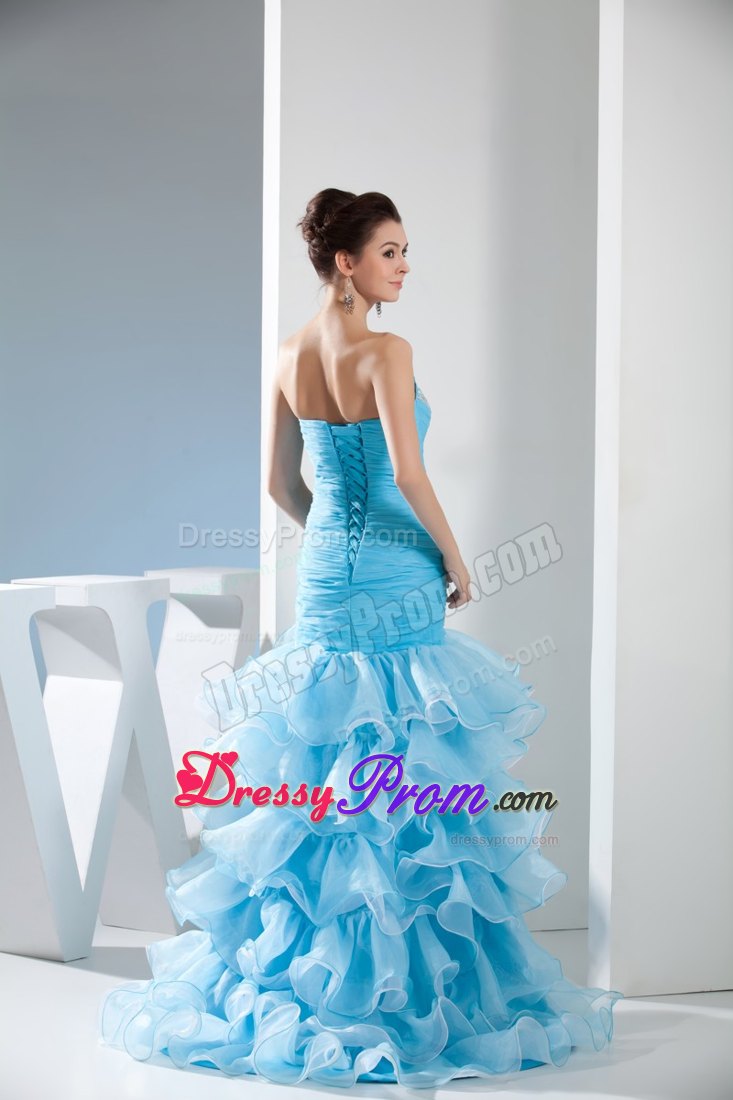 Aqua Blue Mermaid Prom Dress for 2013 with Beading and Ruffles