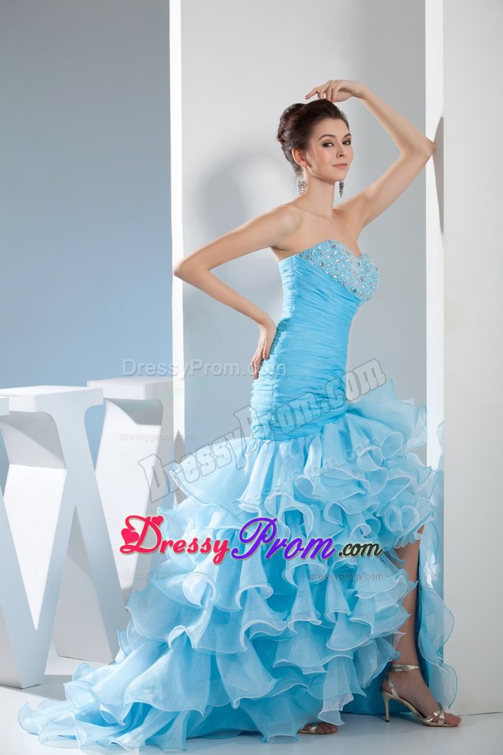 Aqua Blue Mermaid Prom Dress for 2013 with Beading and Ruffles
