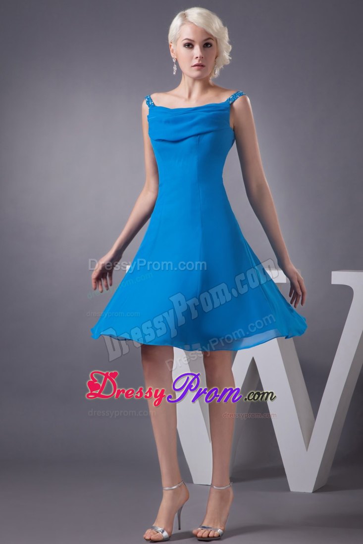 Blue Chiffon Prom Gown Dress with Off-the-Shoulder Straps
