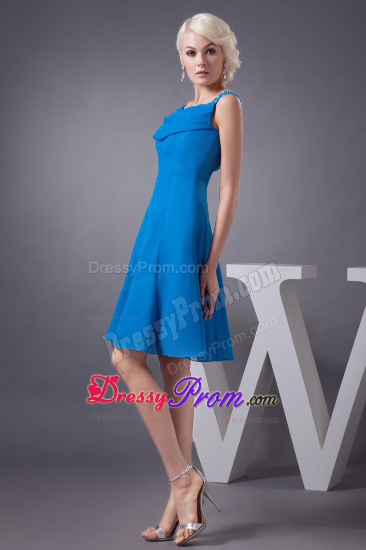 Blue Chiffon Prom Gown Dress with Off-the-Shoulder Straps