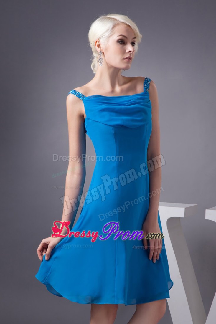 Blue Chiffon Prom Gown Dress with Off-the-Shoulder Straps