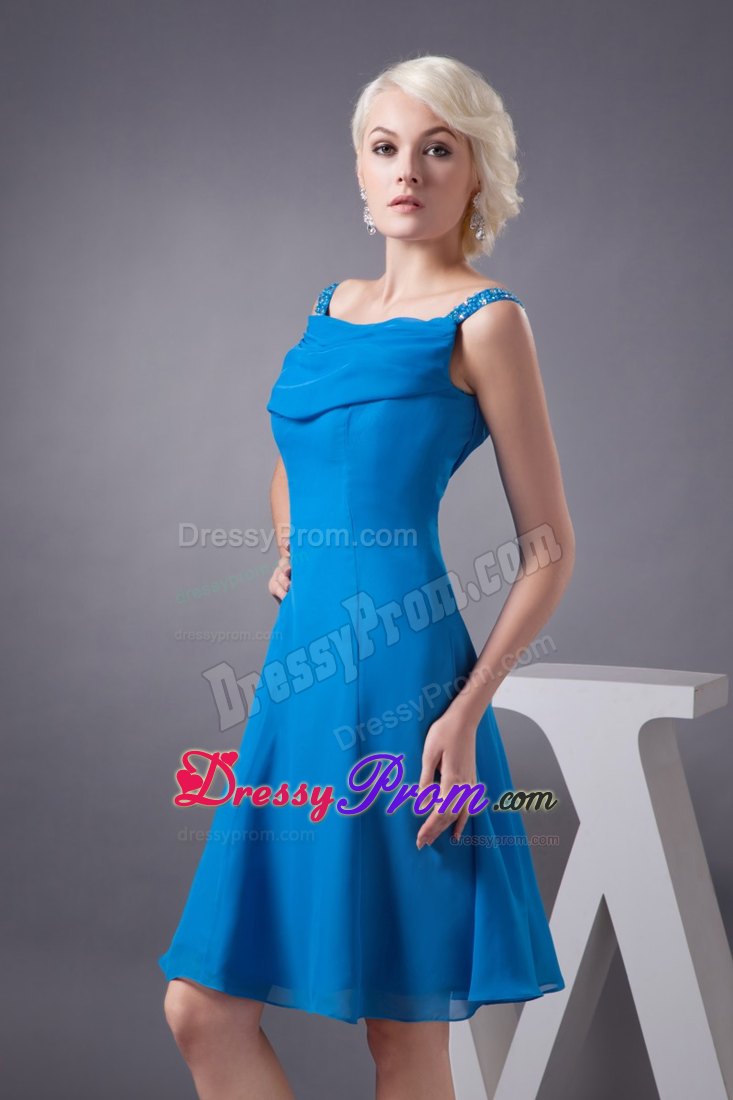 Blue Chiffon Prom Gown Dress with Off-the-Shoulder Straps