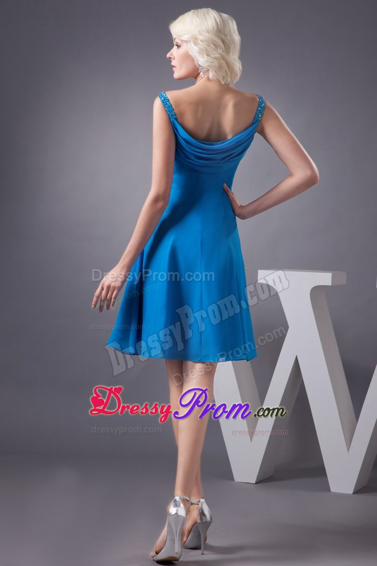 Blue Chiffon Prom Gown Dress with Off-the-Shoulder Straps