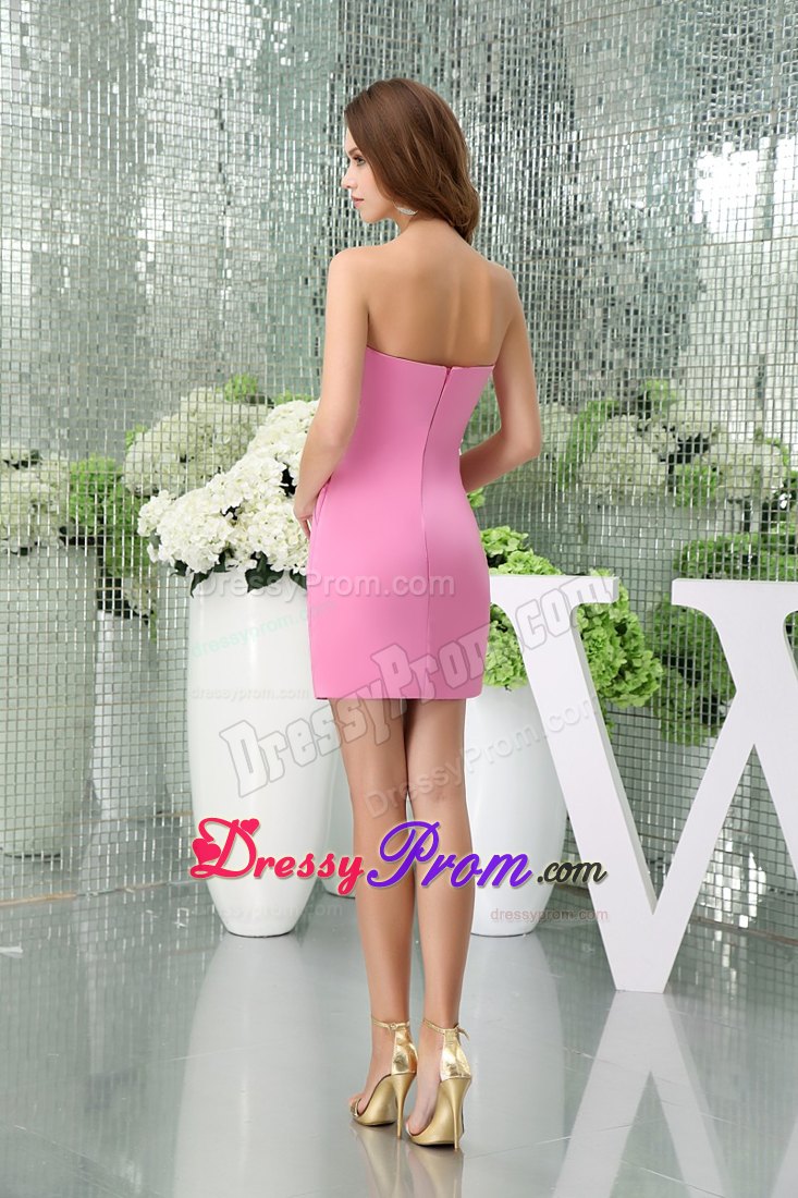 Ruches and Flower Accent Mini Length Prom Gown Dress in Rose Pink