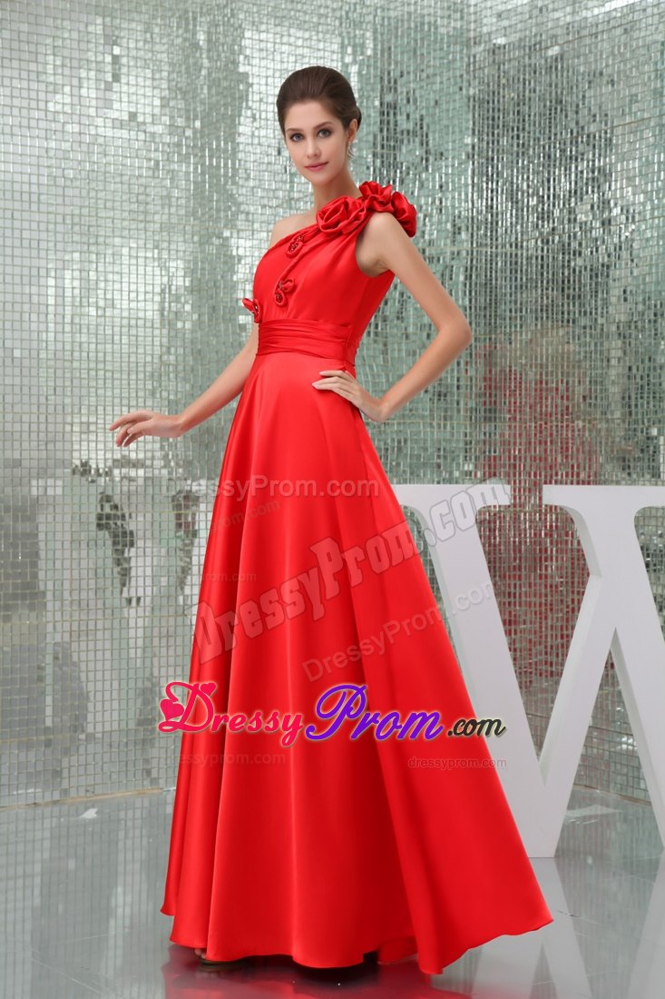 Flowers Accent One Shoulder Floor Length Red Prom Gown Dresses
