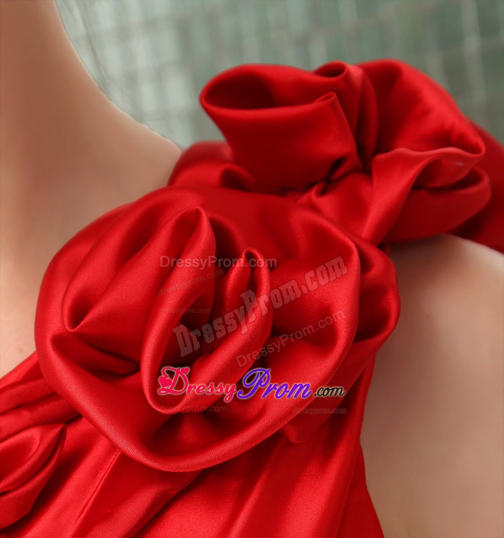 Flowers Accent One Shoulder Floor Length Red Prom Gown Dresses