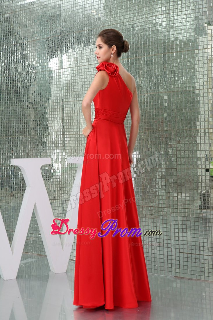 Flowers Accent One Shoulder Floor Length Red Prom Gown Dresses