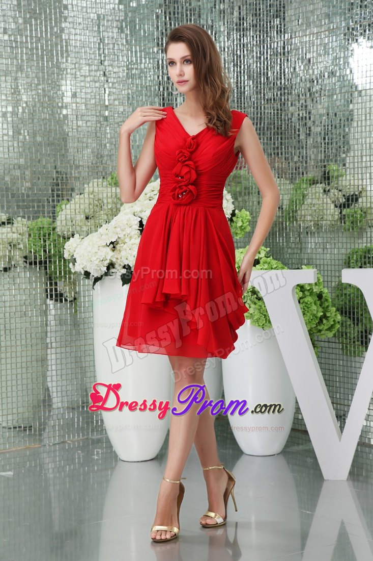 Ruches and Flowers Accent Red Chiffon Prom Gown Dress of V-neck