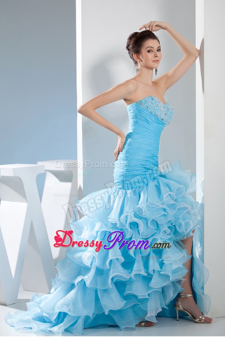 High-low Style Mermaid Prom Dress in Aqua Blue with Beading