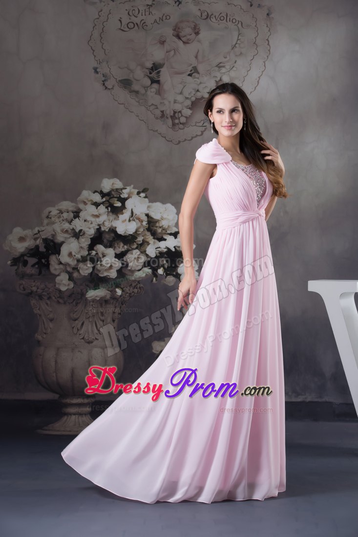 Beaded and Ruched Baby Pink Prom Gown Dresses with Cap Sleeves
