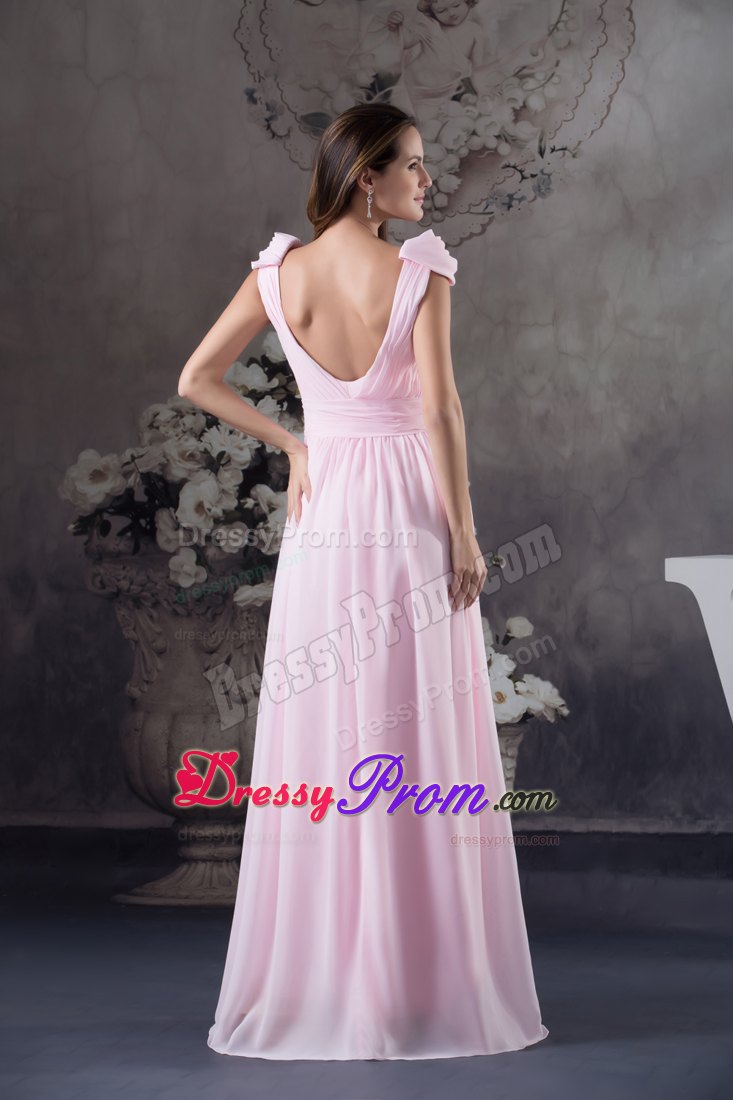 Beaded and Ruched Baby Pink Prom Gown Dresses with Cap Sleeves