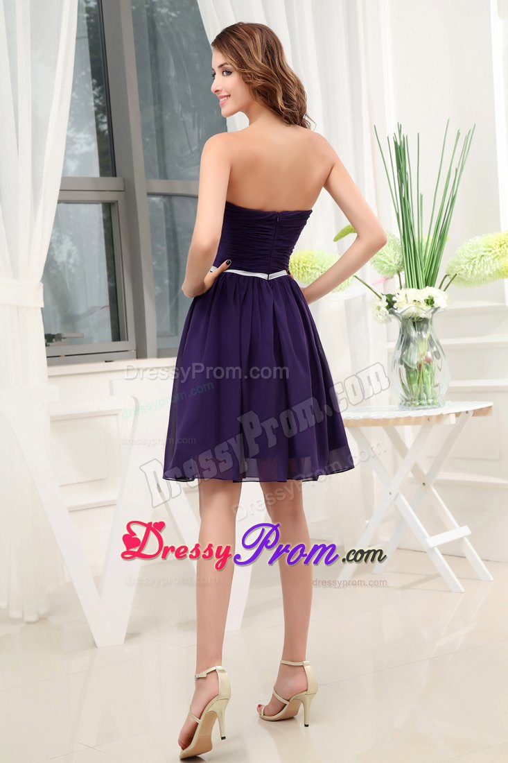 Ruched Dark Purple Chiffon Mini Prom Gown Dress with White Belt
