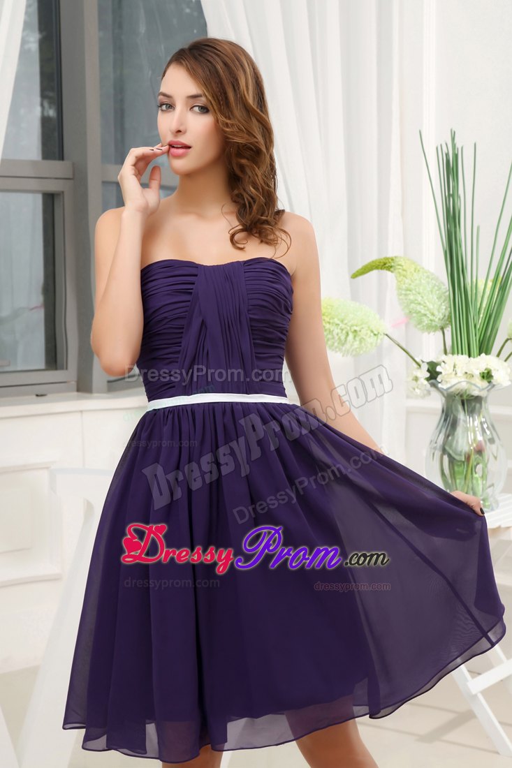 Ruched Dark Purple Chiffon Mini Prom Gown Dress with White Belt