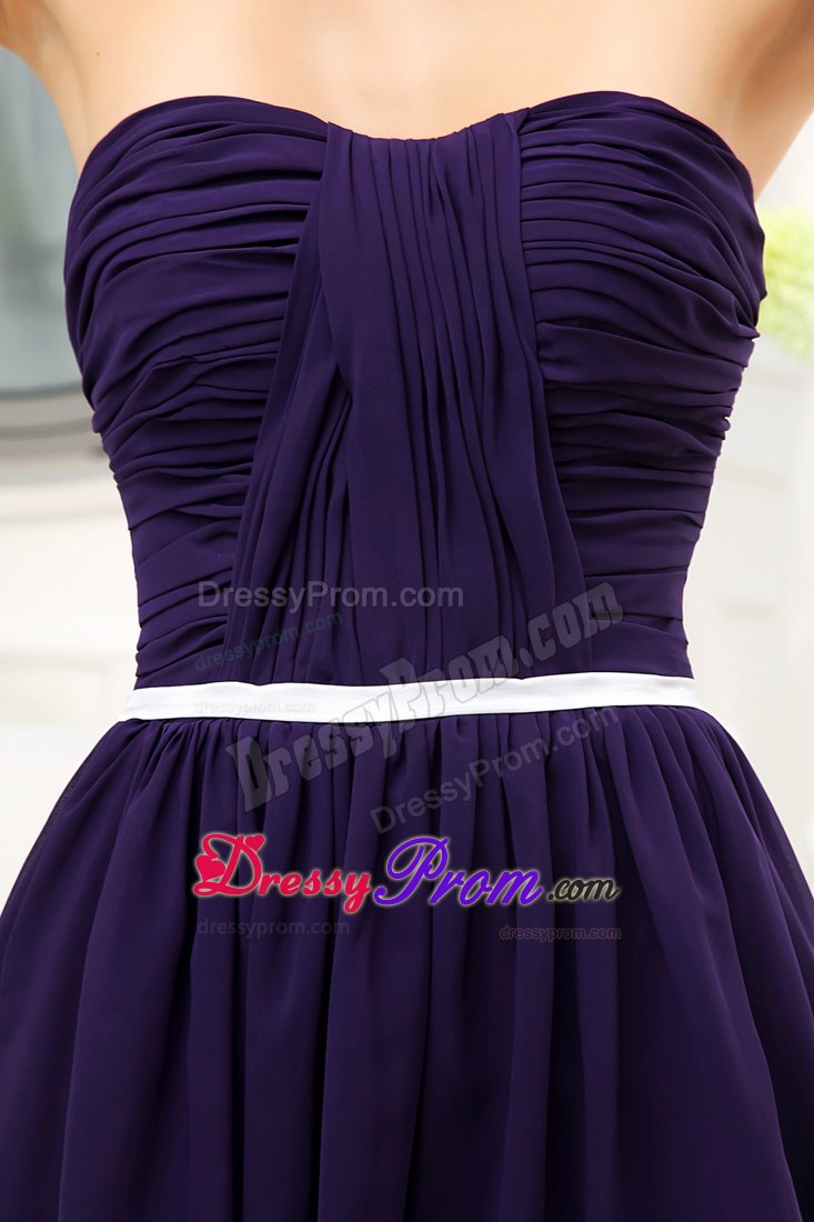 Ruched Dark Purple Chiffon Mini Prom Gown Dress with White Belt