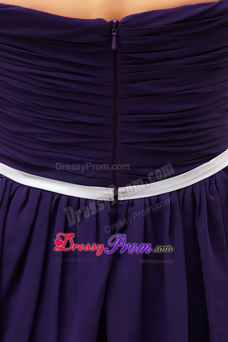 Ruched Dark Purple Chiffon Mini Prom Gown Dress with White Belt