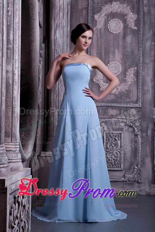 Light Blue A-line Chiffon Prom Gown Dress with Brush Train 2014