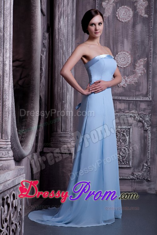 Light Blue A-line Chiffon Prom Gown Dress with Brush Train 2014