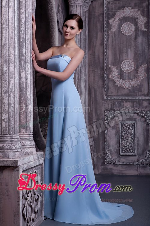 Light Blue A-line Chiffon Prom Gown Dress with Brush Train 2014
