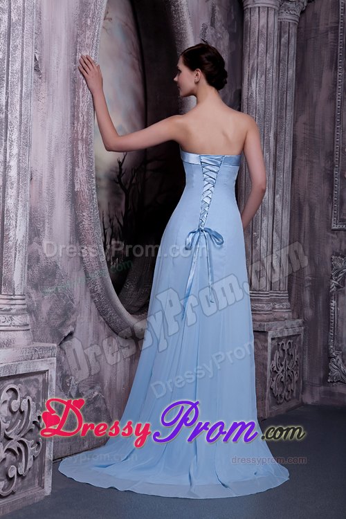 Light Blue A-line Chiffon Prom Gown Dress with Brush Train 2014