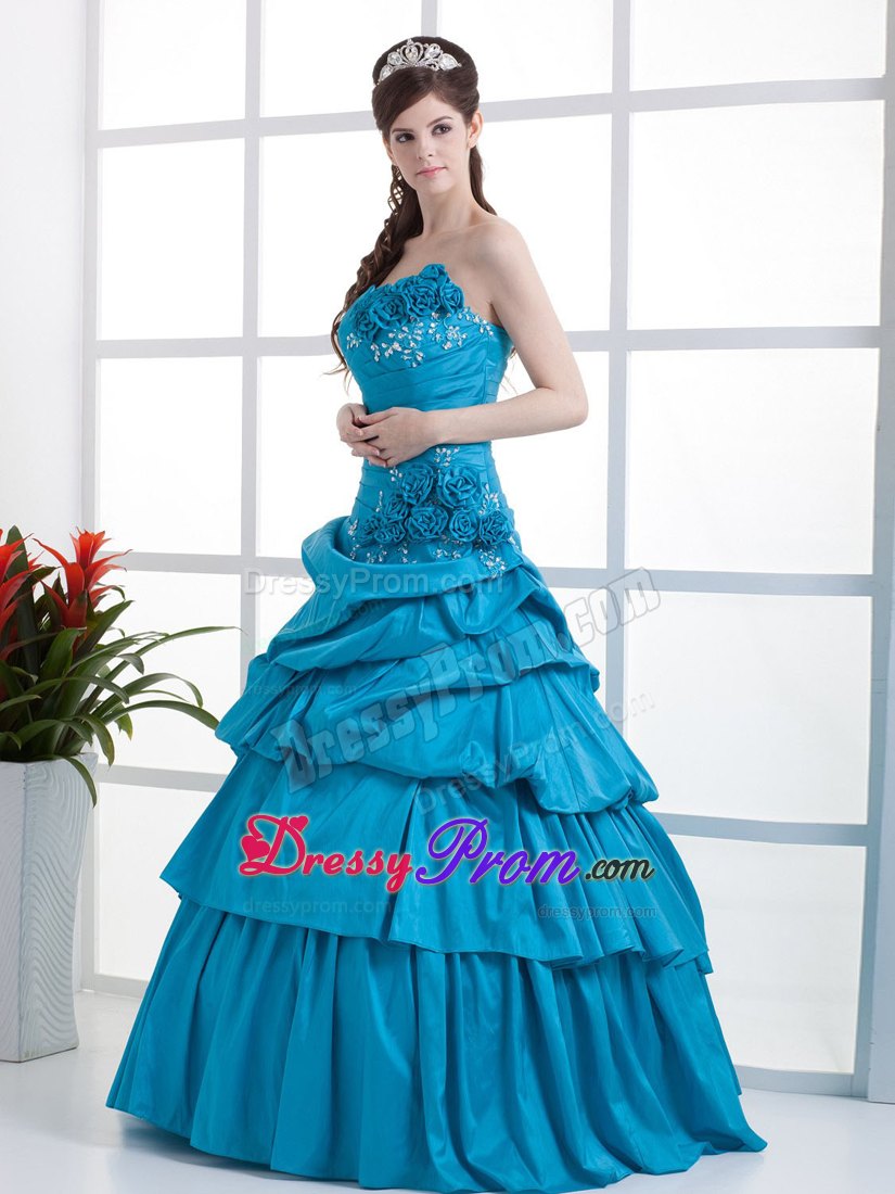 Teal Ruched Sweet 16 Dresses Sweetheart Hand Made Flowers in Belem