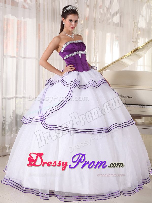 Recommended Purple and White Quinceanera Gown Dresses Strapless