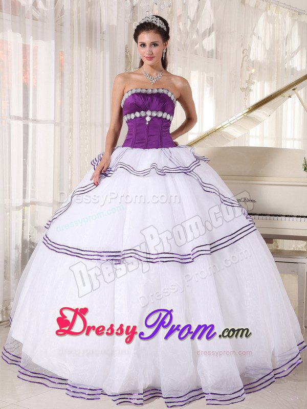 Recommended Purple and White Quinceanera Gown Dresses Strapless