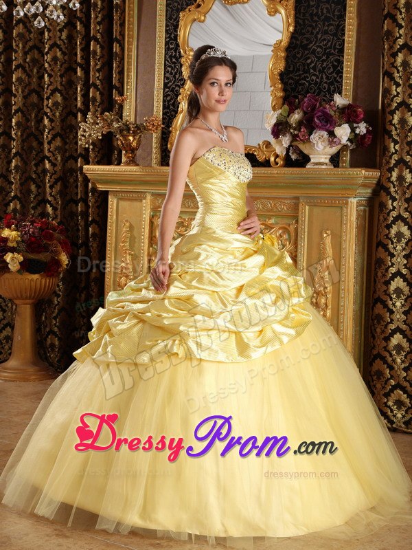 Salvador New Beaded and Ruched Sweet 15 Dresses Pick-ups in Yellow