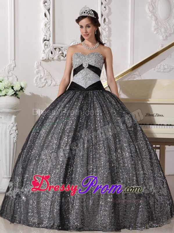 Shimmery Black Ball Gown Sequined Quinceanera Gown Sweetheart