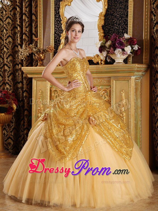 Stunning Sequins Sweet 15 Dresses Tulle Hand Made Flowers in Gold