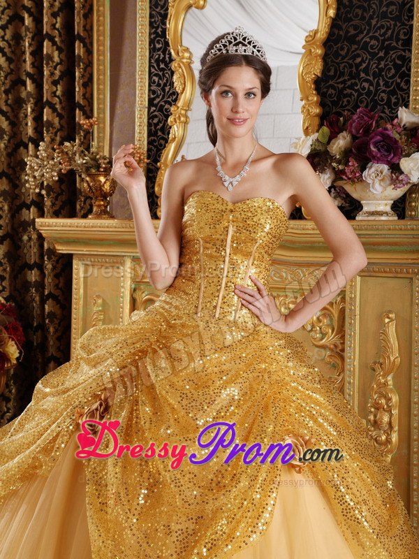 Stunning Sequins Sweet 15 Dresses Tulle Hand Made Flowers in Gold