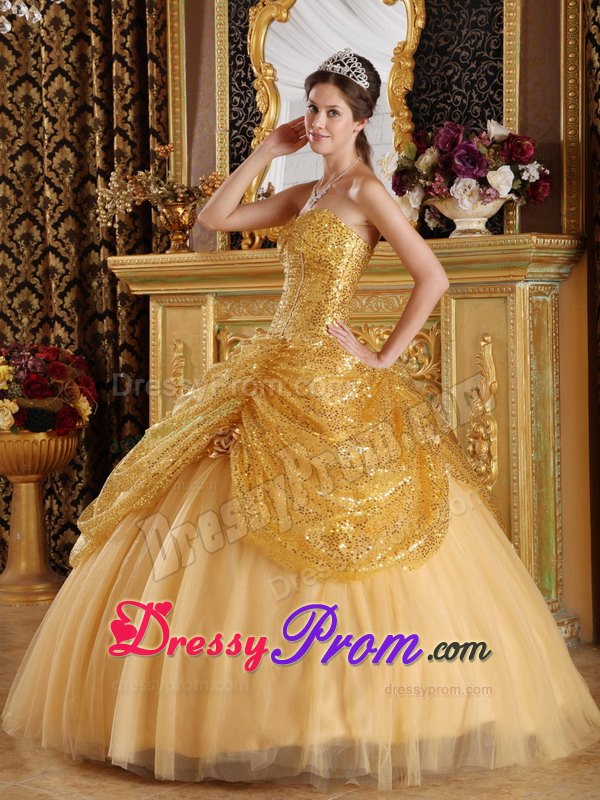 Stunning Sequins Sweet 15 Dresses Tulle Hand Made Flowers in Gold