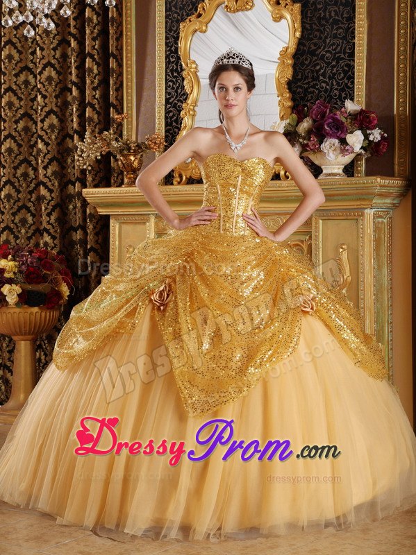Stunning Sequins Sweet 15 Dresses Tulle Hand Made Flowers in Gold