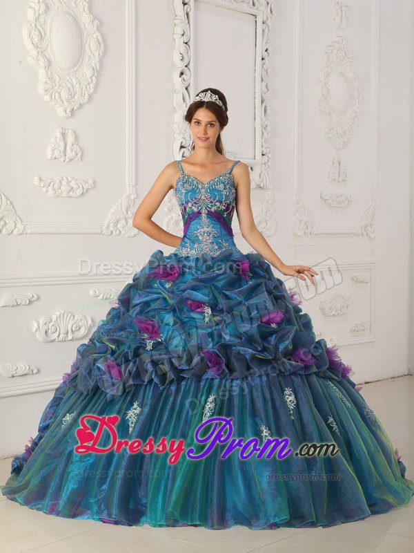 Straps Teal Ball Gown Organza Quinceanera Dress with Chapel Train